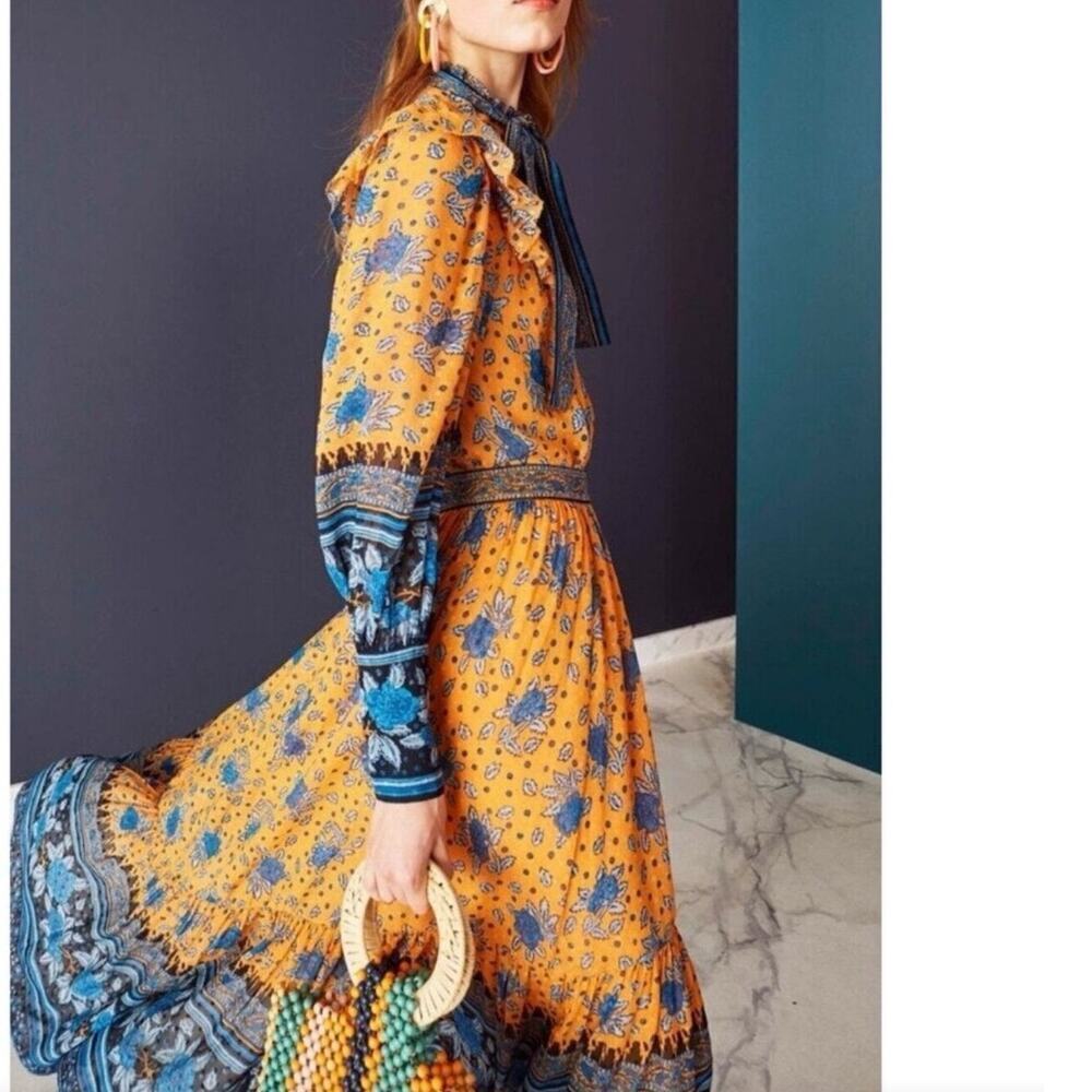 Ulla‎ Johnson Romilly Silk Floral Orange Blue Long Sleeve Midi Dress Size 4
